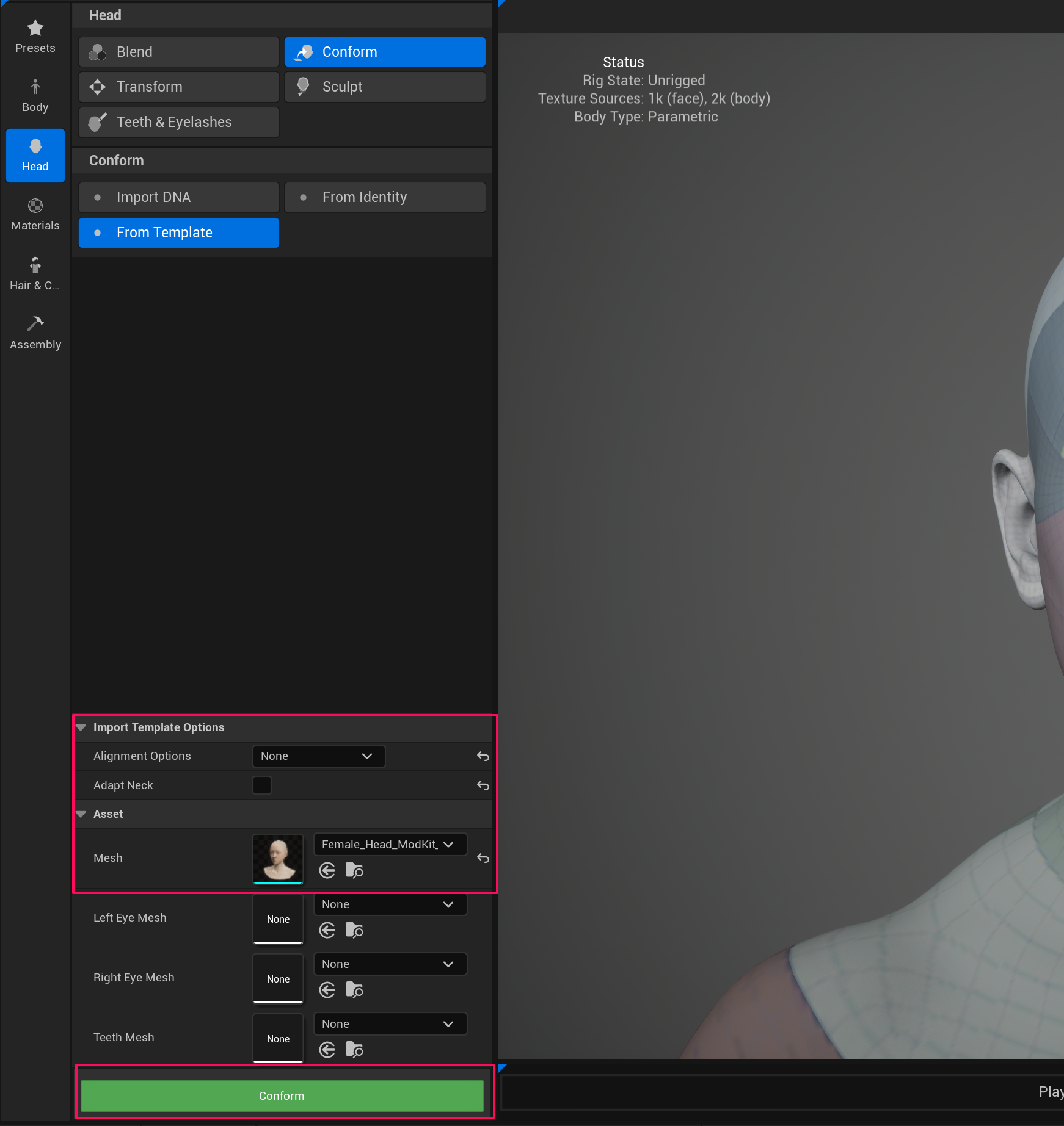 Head Import Option Settings
